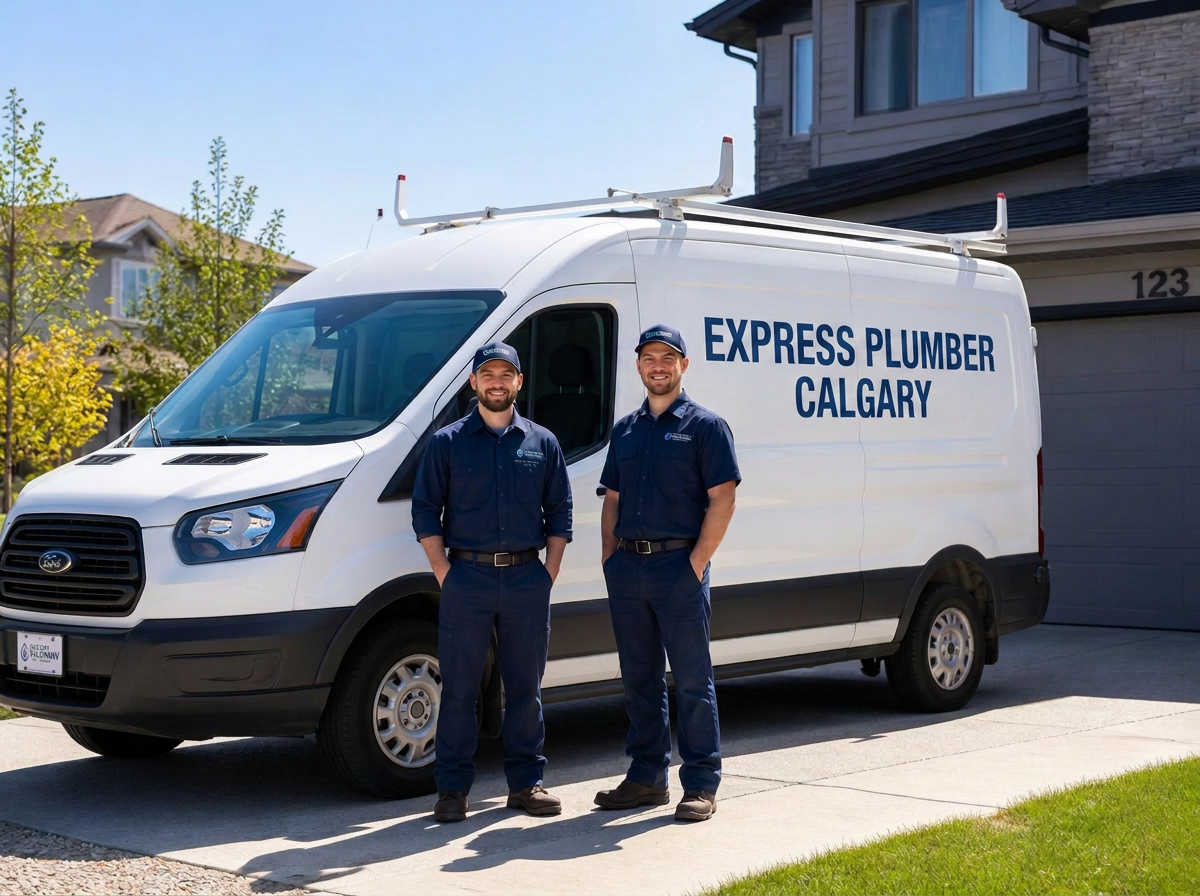 EXPRESS PLUMBER CALGARY service van and technicians at a Calgary home